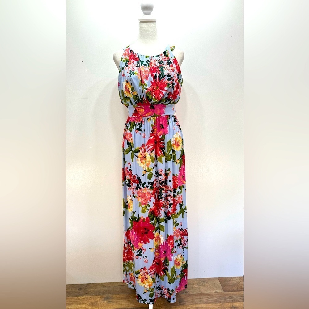Tropical Floral Print Halter Maxi Dress Baby Blue Gilli ModCloth Vacation Party